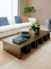 Obraz premium 3D render, illustration Large Luxury modern living room interior, brutalist architecture realistic lighting, Graphic Overlay wide angle, contemporary furniture, clean lines, minimalist decor, elegan
