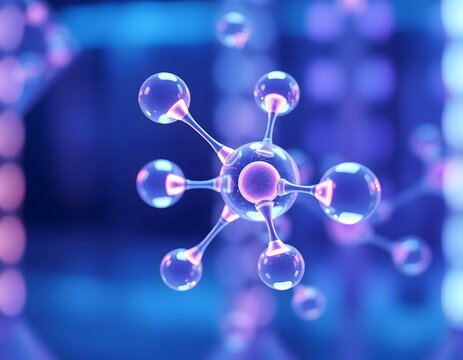 Macro aesthetic view of a futuristic AI designed molecular structure with glowing translucent atoms for biotechnology.