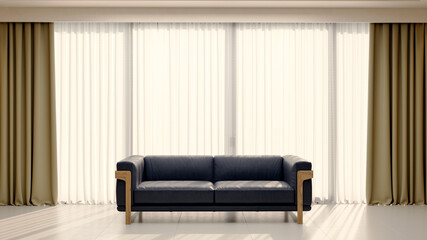 Obraz premium 3D render, illustration Large Luxury modern living room interior, brutalist architecture realistic lighting, Graphic Overlay wide angle, contemporary furniture, clean lines, minimalist decor, elegan