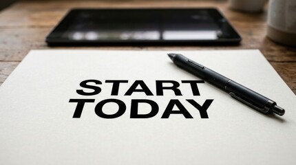 Obraz premium Motivational Message Start Today Written on Paper with Pen and Tablet.