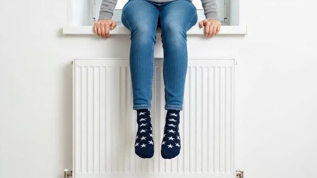 Person sitting on windowsill with legs dangling over radiator