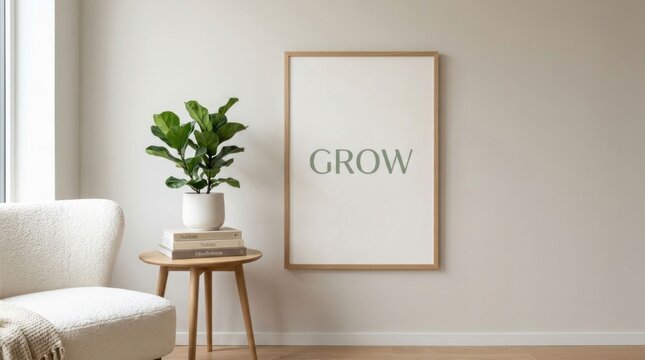 Minimalist Living Room with Fiddle Leaf Fig Plant and Inspirational Art.