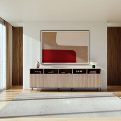 Obraz premium 3D render, illustration Large Luxury modern living room interior, brutalist architecture realistic lighting, Graphic Overlay wide angle, contemporary furniture, clean lines, minimalist decor, elegan