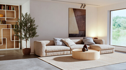 Obraz premium 3D render, illustration Large Luxury modern living room interior, brutalist architecture realistic lighting, Graphic Overlay wide angle, contemporary furniture, clean lines, minimalist decor, elegan