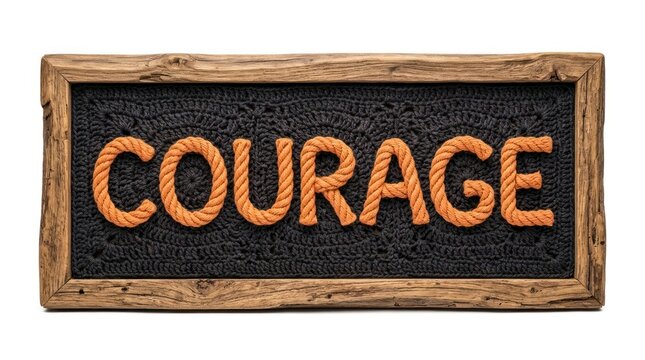 Rustic Wooden Sign Displaying the Word Courage in Textured Orange Letters 1.
