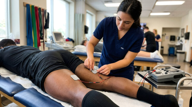 Woman physical therapist applying electrodes to leg of african american man patient during treatment session. Rehabilitation clinic setting, electrical muscle stimulation therapy.