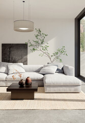 Obraz premium 3D render, illustration Large Luxury modern living room interior, brutalist architecture realistic lighting, Graphic Overlay wide angle, contemporary furniture, clean lines, minimalist decor, elegan