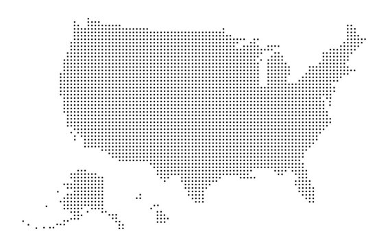 United States Map Made of Dots. A pixelated representation of the USA, comprised of numerous small grey dots. graphic element, digital art, nation outline, abstract map, information graphic.