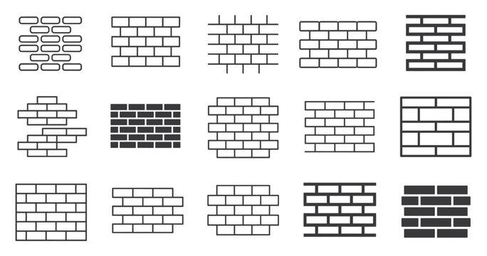 Brickwork Patterns Collection. A set of varied brick wall patterns and textures. Construction material, architectural detail, interior design, building facade.