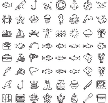 Fish Marine Life Icon Set with Outline Doodle Style, Ocean Creatures, Fishing Symbols, and Nautical Elements for Web and Print