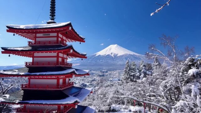 Snow-covered five-storied pagoda in front of Mount Fuji on a clear winter day