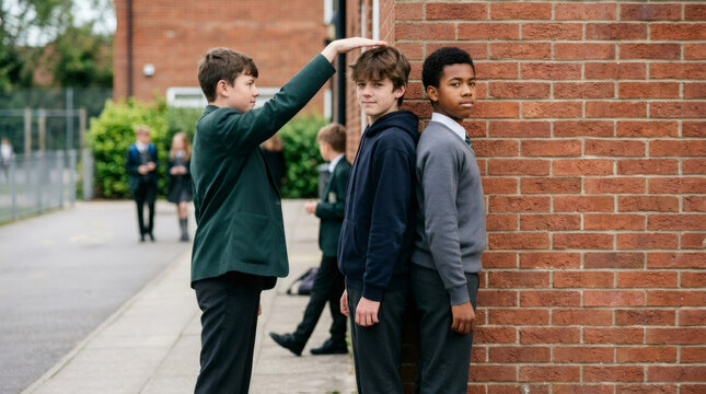 Schoolboy measuring height of classmate against brick wall outdoors. Diverse teenagers in school uniform comparing growth during break. Childhood development and friendship concept.