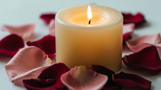 Scented candle surrounded by rose petals on white background  