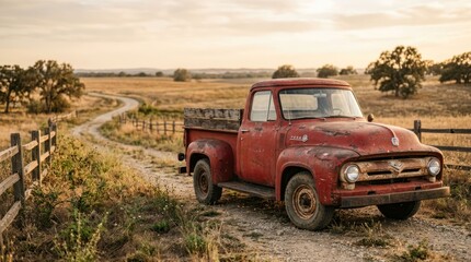 Fototapeta premium Vintage Red Pickup Truck on a Rural Dirt Road at Sunset.