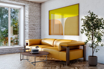 Obraz premium 3D render, illustration Large Luxury modern living room interior, brutalist architecture realistic lighting, Graphic Overlay wide angle, contemporary furniture, clean lines, minimalist decor, elegan