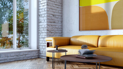 Obraz premium 3D render, illustration Large Luxury modern living room interior, brutalist architecture realistic lighting, Graphic Overlay wide angle, contemporary furniture, clean lines, minimalist decor, elegan