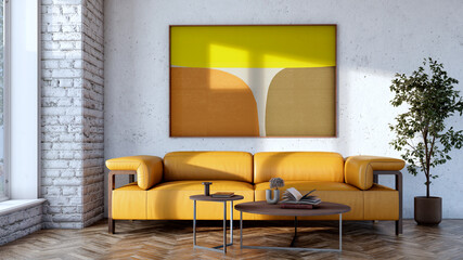 Obraz premium 3D render, illustration Large Luxury modern living room interior, brutalist architecture realistic lighting, Graphic Overlay wide angle, contemporary furniture, clean lines, minimalist decor, elegan