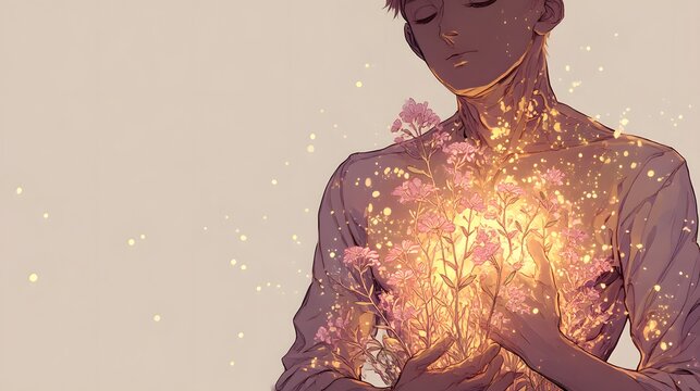 胸元で光る花を抱く男性の幻想的で温かなイラスト