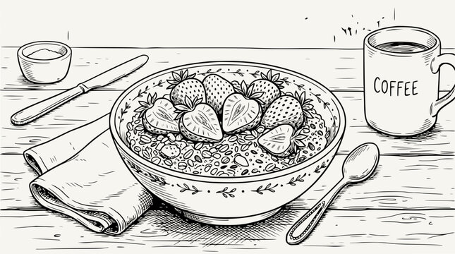 Hand-drawn Oatmeal Bowl with Strawberries and Coffee Mug