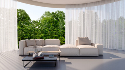 Obraz premium 3D render, illustration Large Luxury modern living room interior, brutalist architecture realistic lighting, Graphic Overlay wide angle, contemporary furniture, clean lines, minimalist decor, elegan