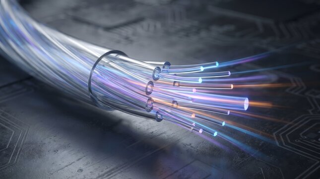 Close-up of fiber optic cable transmitting data with glowing light pulses