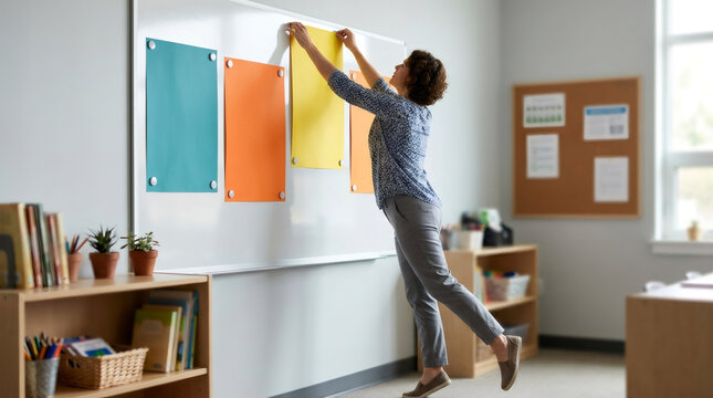 Woman teacher attaching colorful paper to whiteboard in classroom. Creative lesson planning and educational organization. School environment with learning materials and teaching aids.