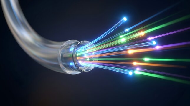 Fiber optic cable glowing with colorful data light pulses