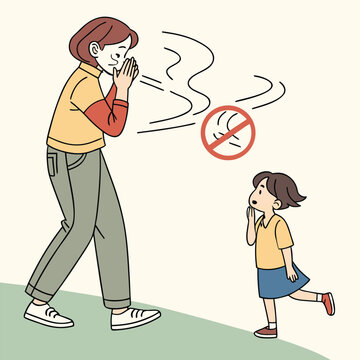 Woman covering mouth while exhaling child looks on stop smoking symbol with a woman exhales smoke, covering her mouth, while a child observes