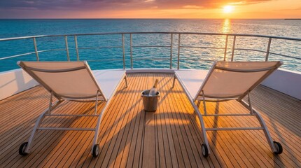 Fototapeta premium High-end luxury summer vacation concept, empty pristine teak wood superyacht deck with minimalist white sun loungers and champagne overlooking the calm sea at golden hour sunset