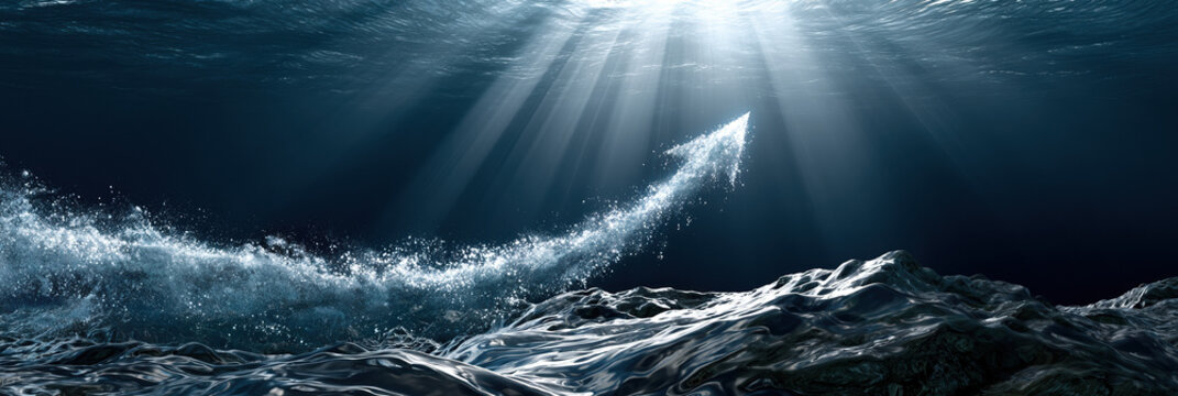 Underwater ocean wave splash light beam surface arrow motion abstract dynamic wave splash arrow shape underwater ocean surface with dramatic light beam rays shining from above creating powerful