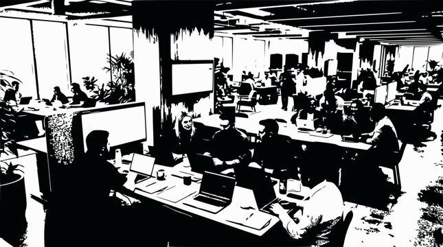 Modern open office space with employees working on laptops, collaborative work environment