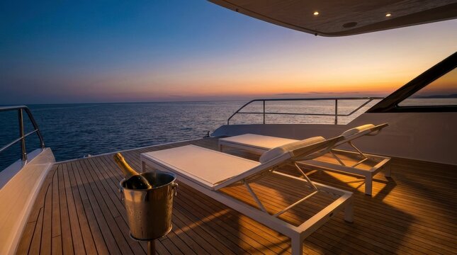 High-end luxury summer vacation concept, empty pristine teak wood superyacht deck with minimalist white sun loungers and champagne overlooking the calm sea at golden hour sunset