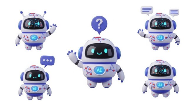 Cute robots with speech bubbles isolated on white