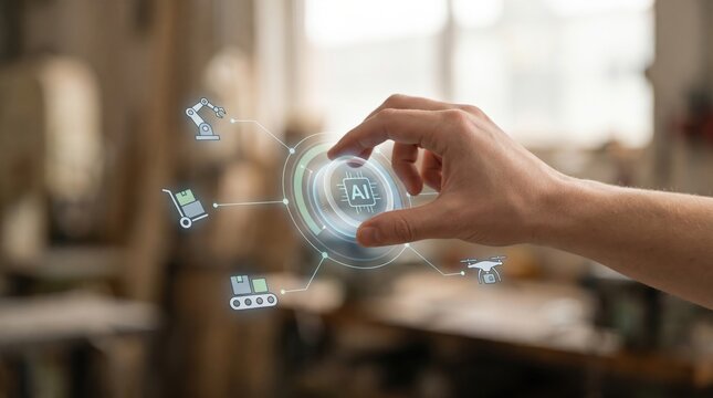 Physical AI Stack Control - A soft human hand gently guides AI autonomy along a controlled path, featuring a minimal, clean interface and advanced technology elements.