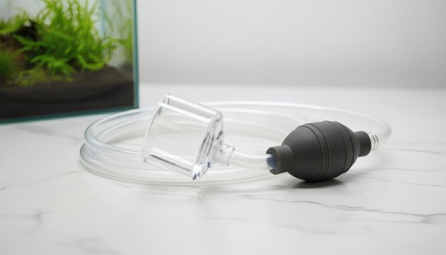 Aquarium gravel vacuum cleaner on a marble table next to a fish tank, representing a regular maintenance concept for aquatic pet care and clean water ecosystems