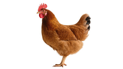 Isolated brown hen standing in profile. Healthy poultry bird with vibrant red comb and wattle. © Diego