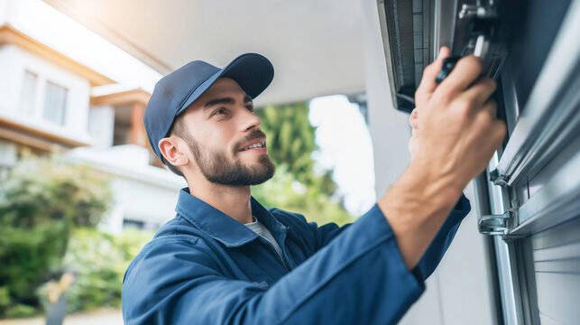 Technician inspecting and repairing garage door mechanism, offering professional home service and maintenance outdoors