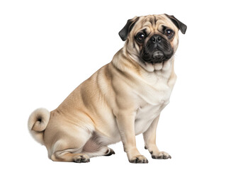 Obraz premium A fawn-colored pug dog sitting in profile, looking at the camera against a solid black background, with a curled, tail and wrinkled face