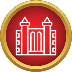 Obraz premium Stylized castle building icon in white outline on a red and gold circular button