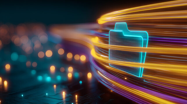 high-end 3D visualization of ecommerce data management. A glowing cyan folder icon is the focal point of a swirling stream of light particles and cables. The scene uses cinematic lighting with 