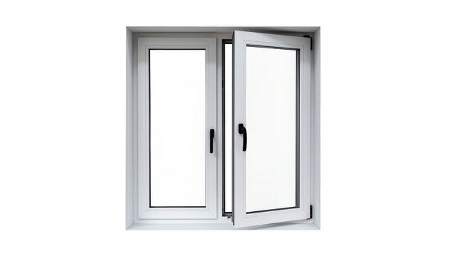 Isolated modern white window with two sashes, one partially open, clean design
