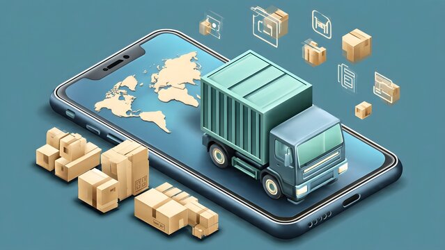 Smartphone Delivery Logistics with Truck and Packages.