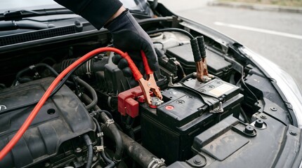 On‑Road Jump‑Start: Driver Connects Red Positive Jumper Cable to the Terminal While Black Clamp Is Attached to Ground, Demonstrating Proper Battery‑to‑Battery Connection for Restarting a Disabled Car 
