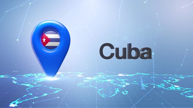 Cuba Flag Inside Location Pin On Digital World Map Animation