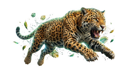 Naklejka premium A fierce, leaping jaguar with spotted fur, open mouth, and bared teeth, surrounded by floating tropical leaves and water splashes on black