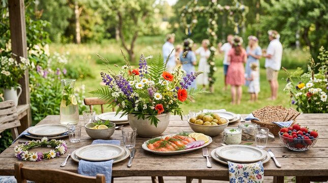 Garden Party Celebration with Food and Friends Outdoors
