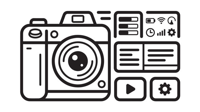 Camera Icon with Ui Elements and Settings Interface for Digital Photography Featuring Ui, Lens, Shutter with Buttons and Display Elements For