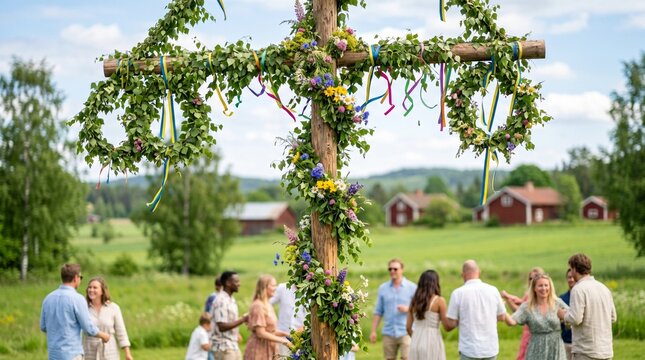 People Dancing Maypole Midsummer Celebration Sweden