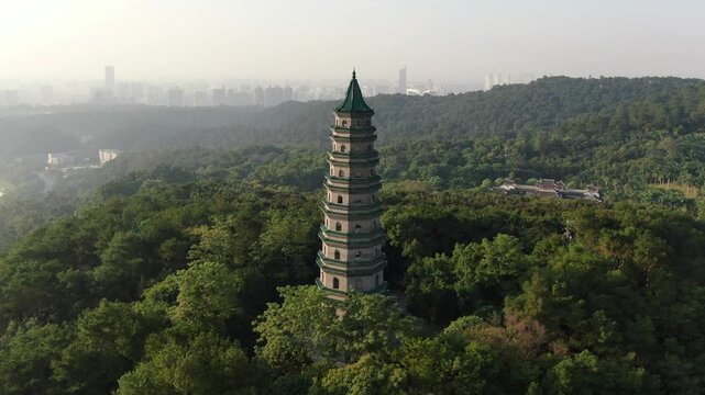 Linggu Pagoda above forest and Nanjing skyline in China in Linggu Pagoda, Nanjing, China