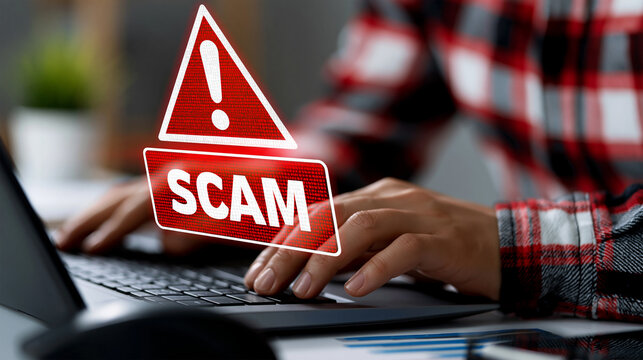 Man Typing on Laptop with Red Scam Warning Sign Floating Above, Cyber Fraud and Online Scam Concept with Digital Security Threat, Internet Crime and Phishing Awareness Scene